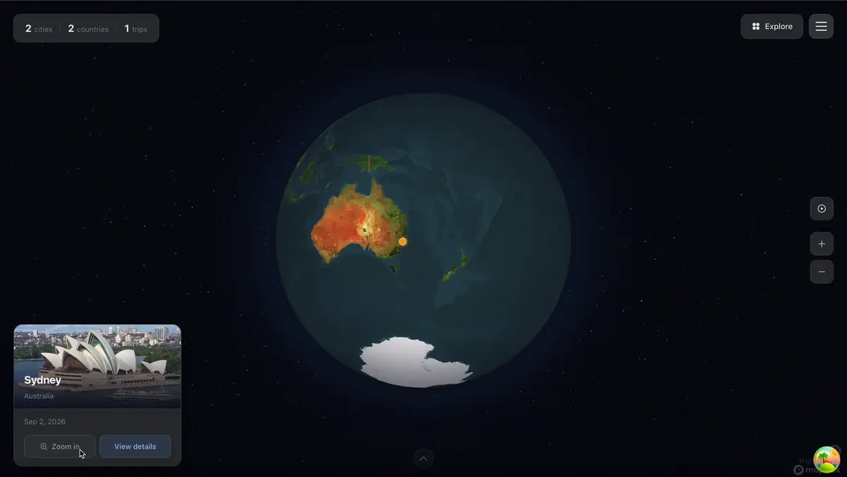 TripsTracer 三维地球从全球视角聚焦到悉尼，并展开目的地信息卡片